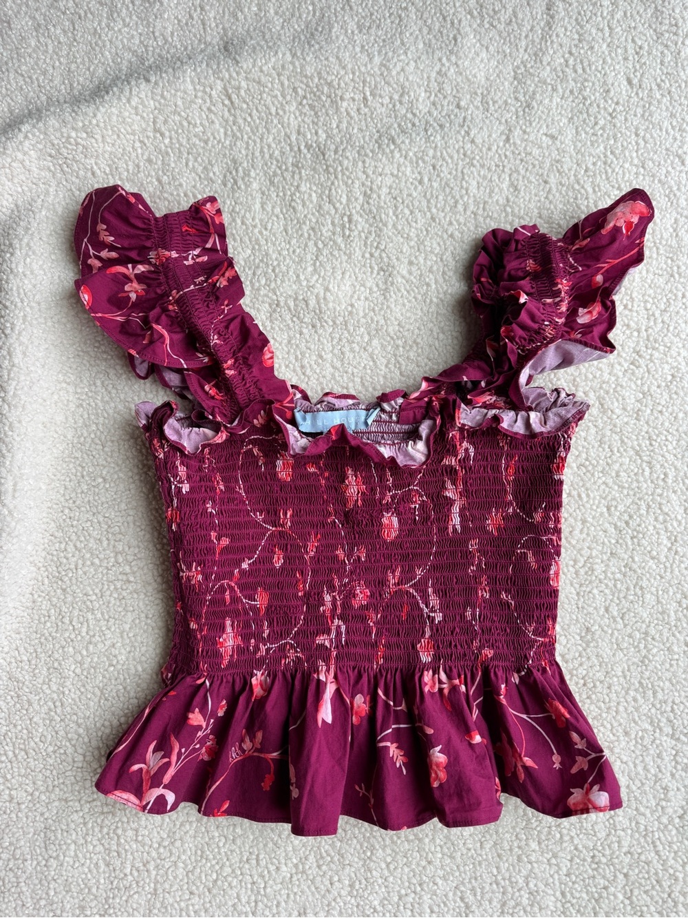 Hill House Paz Top Smocked Crop Top - Burgundy Botanical Size Small